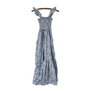 Pukatuka Womens Blue Pink Floral Tiered Sleeveless Smocked Maxi Dress Size XS